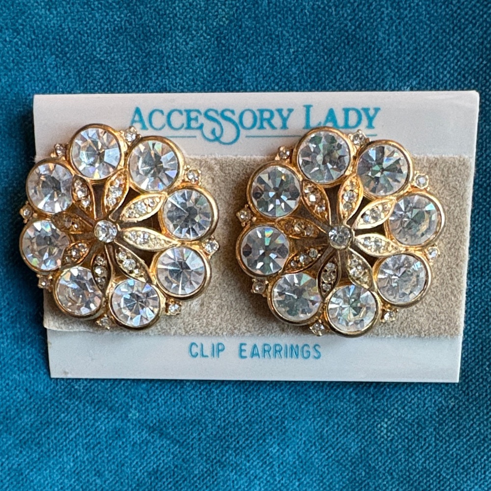 Gold and Silver Crystal Clip Earrings Vintage New